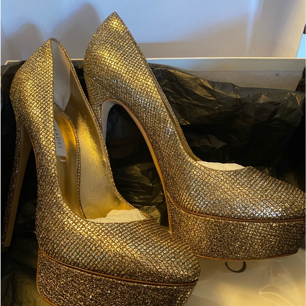 Casadei Gold Glitter Platform Pumps Size 8.5 US
